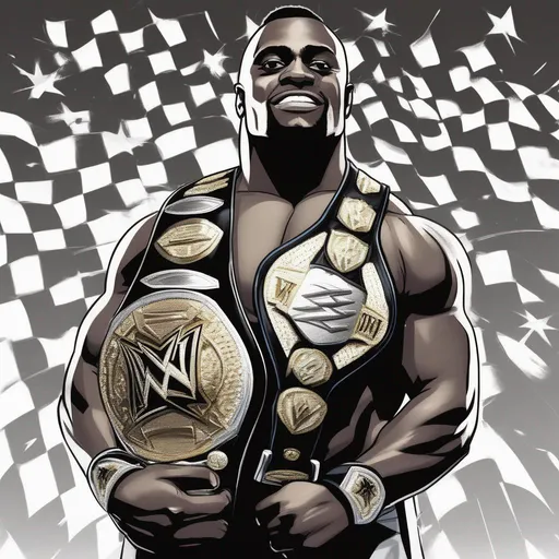 Prompt: Depict Big E proudly holding the WWE Championship belt over his shoulder. Show the championship title gleaming in the spotlight as he stands confidently, representing his hard-earned victory.
  illustrated by  Grant Morrison