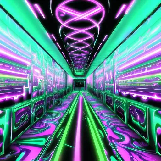 Prompt: As you enter the room, a wave of neon colors and trippy patterns washes over you. The acidwave aesthetic is in full force here, with walls covered in bold, abstract designs and flickering fluorescent lights casting everything in a surreal glow. The music is a heady mix of glitchy beats and distorted vocals, pulling you further into the dreamlike atmosphere. It's like stepping into a hallucination, where nothing is quite as it seems and reality is a fluid, ever-shifting thing. In this acidwave world, anything is possible and everything is a little bit warped.