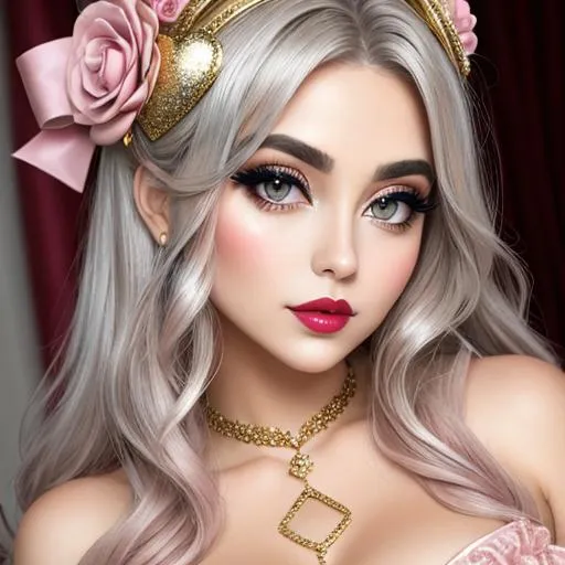 Prompt: big  eyes and carmine lips, silver and golden breaded silk, hearts, lips, pink cheeks