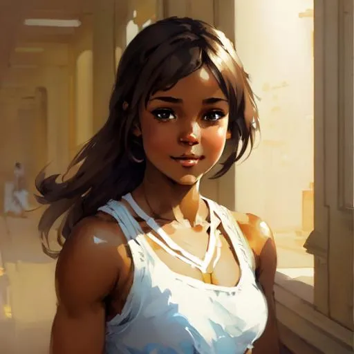 Prompt:    A young girl, with chocolate brown hair that goes all the way down to her bottom, hazel brown eyes and light dark tan skin extremely detailed, in a cartoon-like 3D style . Krenz Cushart + loish +gaston bussiere +craig mullins, j. c. leyendecker +Artgerm, oil painting texture oil painting effect Krenz Cushart + loish +gaston bussiere +craig mullins, j. c. leyendecker +Artgerm, oil painting texture.