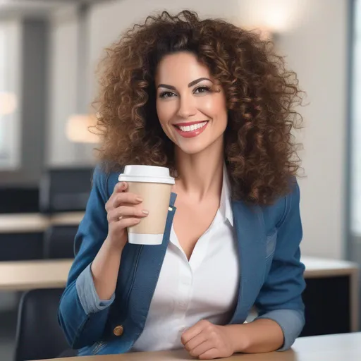 Prompt: An attractive 35 year old woman with very curly hair, elegant, large eyes, modern, stylish makeup, full body view, white tshirt with a jacket and blue jeans, happy, smiling, (erotic), drinking coffee, office background