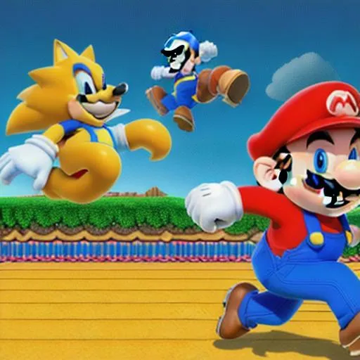 Prompt: "super mario running away from sonic"