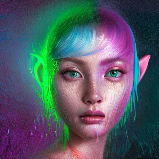 Prompt: Insanely Detailed surreal portrait of realistic beautiful andromedan woman with pink skin, elf ears, two fingers one thumb on both hands, pop surrealism, vibrant gradient colors, fuchsia green-blue, concept art, editorial, "waterfall in hair", Hyperdetailed Painting artistic portrait CGSociety ZBrush Central Fantasy Art 8K holographic vibrant vivid symmetrical radiant sharp focus smooth, thin and dainty woman, anime character, background digital painting, digital illustration, extreme detail, digital art, ultra hd, vintage photography, beautiful, tumblr aesthetic, retro vintage style, hd photography, hyperrealism, extreme long shot, telephoto lens, motion blur, wide angle lens, deep depth of field, warm, anime Character Portrait, Symmetrical, Soft Lighting, Reflective Eyes, Pixar Render, Unreal Engine Cinematic Smooth, Intricate Detail, anime Character Design, Unreal Engine, Beautiful, Tumblr Aesthetic,  Hd Photography, Hyperrealism, Beautiful Watercolor Painting, Realistic, Detailed, Painting By benjamin lacombe, Fine Art, soft lustrous biotech raver gutter punk gothic cyborg, details, scifi, fantasy, cyberpunk, long curly hair, golden robes and armor, intricate, shimmer, glitter, golden, decadent, highly detailed, digital painting, octane render, artstation, concept art, smooth, sharp focus, illustration, art by artgerm, loish, wlop , illustration of a monster, horror, beautiful face, dead space, cyberpunk, nightmare 