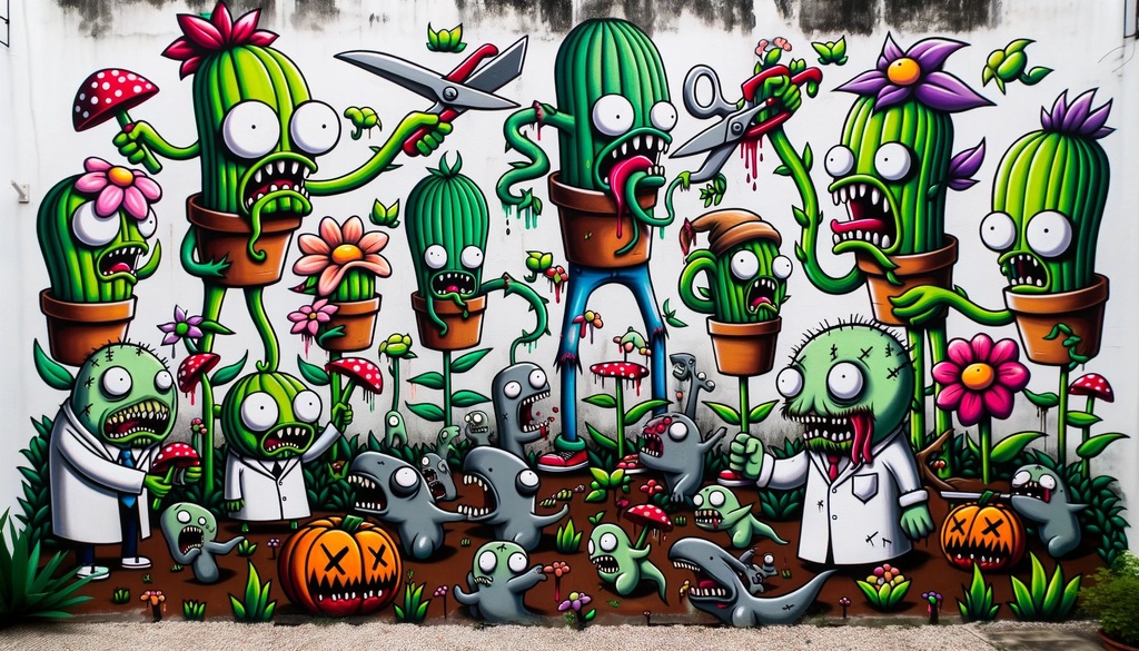 Prompt: Photo of a playful scene inspired by 'Plants vs Zombies' where plants with distinct personalities are defending a garden from quirky zombies, all depicted in a brightly colored graffiti style.