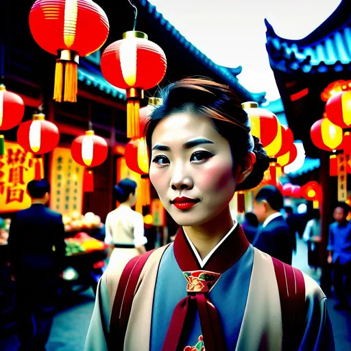 Prompt: A Chinese person, elegant and refined, dons a bolo necktie, adding a modern twist to their traditional clothing. The scene is set in a bustling Chinese market, vibrant with colorful lanterns, fragrant spices, and ornate architecture. The mood is a blend of nostalgia and contemporary flair. The camera captures this juxtaposition, using a vintage film camera with soft focus and warm tones. Influenced by the works of Ai Weiwei's social commentary and Zhang Daqian's mastery of traditional Chinese painting, the image becomes a harmonious blend of culture and creativity.
