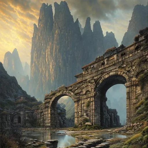 Prompt: Landscape painting, giant ancient stone gate under the mountains, dull colors, danger, fantasy art, by Hiro Isono, by Luigi Spano, by John Stephens