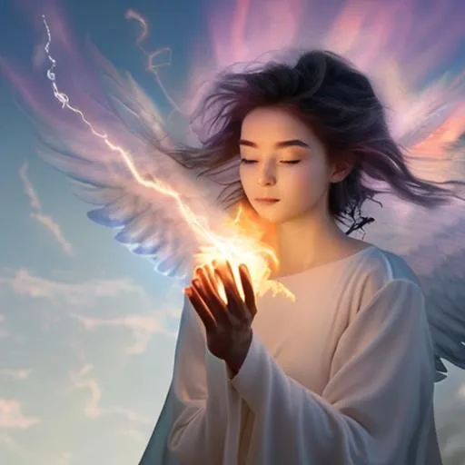 Prompt: Ethereal angel coming down from clouds to hand me a ball of fire from the palm of her hand 