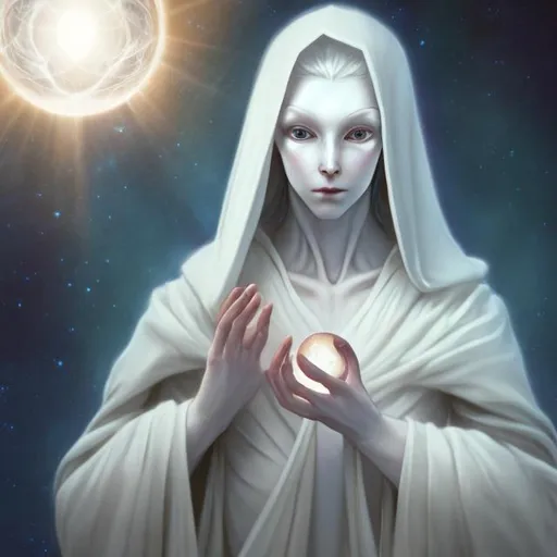 Prompt: etherial, soft, benevolent androgynous ALIEN, pale skin, soft expression, holding an orb, wearing cloak, surrounded by celestial