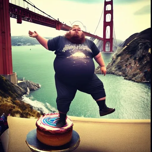 Prompt: a fat man riding a unicycle on a tightrope over the golden gate bridge balancing a birthday cake on his head.