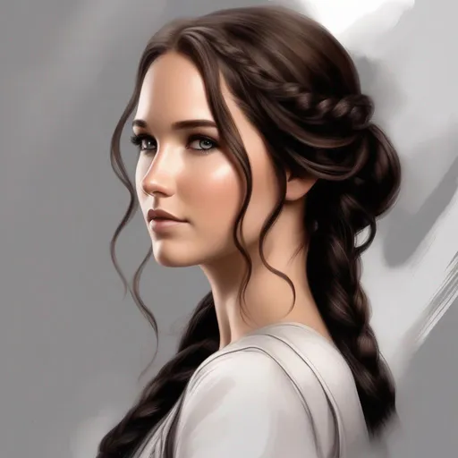 Prompt: art of katniss everdeen based on the book  with dark dark brown hair and grey eyes