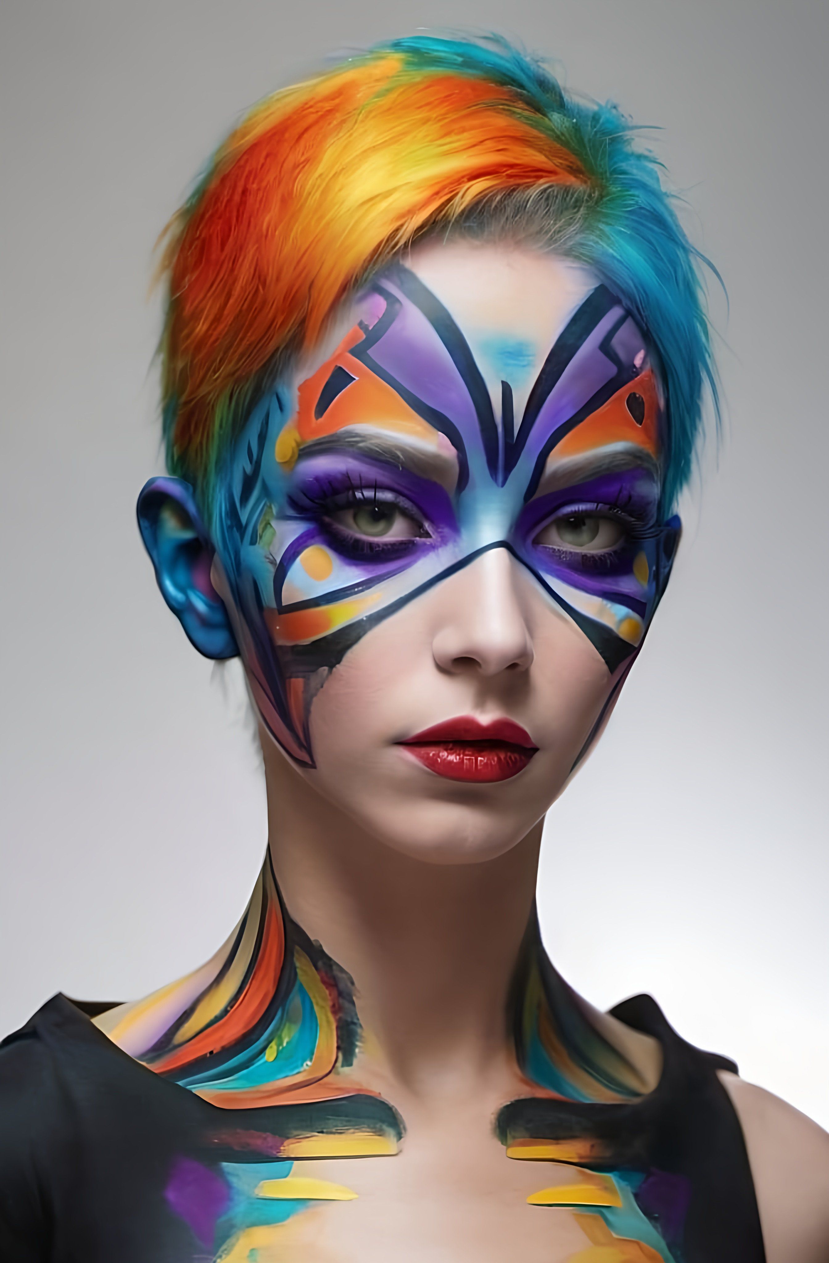 Prompt: a woman with colorful makeup and face paint on her face and chest, artist, neo-fauvism