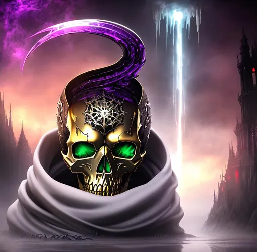 Prompt: Scary, horror, fantasy, ominous, cinematic, 3D, HD, {Liquid Metal}Skull, gold silver Green Red Purple, mist, expansive nightmarish background, hyper realistic, 8K --s98500