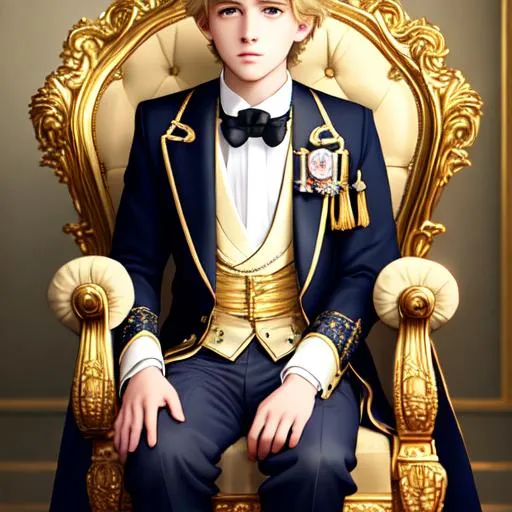 Prompt: full body, magical victorian era style, very beautiful 15-year-old blonde elegant shy timid anxious young prince sitting on 19th century throne, royal vibes, schoolboy, private school uniform,  long striped tie, tight jacket, trousers, realistic, studio lighting, qled, volumetric light, photo realism, steve simpson, dustin nguyen, feng zhu, greg rutkowski, Rendered by octane, group of french maids in background, Eye-contact, hyperdetailed attractive face and nose, perfect face, perfect body, perfect anatomy, hyperdetailed beatiful hair, hyperdetailed lips