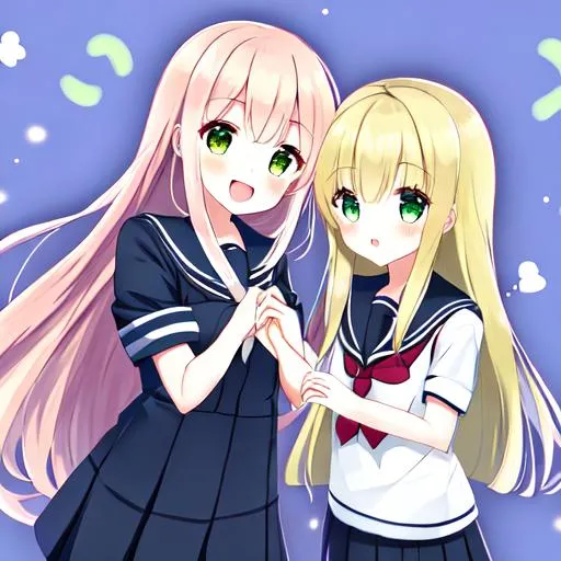 Prompt: white and long hair, school uniform and black socks, cute and short,kawaii,green small round eyes