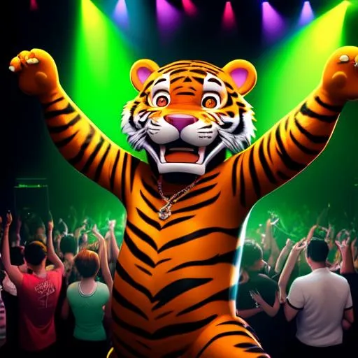 Prompt: (masterpiece:1.4), best quality, Tony the Tiger dancing in the club, dancing being cool, big happy smile, accurate face, photo realistic, 4k, nightclub lighting, detailed face