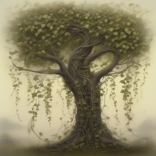 Prompt: Vines grow quietly along the branches, as muted as the secrets in my heart, masterpiece, best quality, in surrealism style