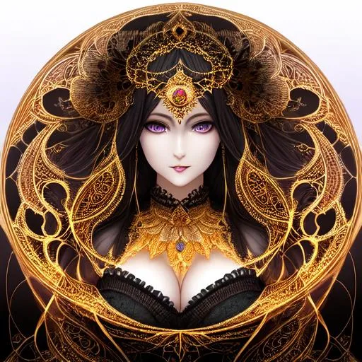 Prompt: A hyper detailed julia sets mandelbrot and (z² + c + (z² + c)) / (3z³ + c) formula in fractal loop mathematics inside full body fractal detailed impossible beautiful mature  esoteric scary woman of darkness, detailed beautiful face, detailed beautiful eyes, golden silk, wearing vaporous diamantine night transparent lacy dress, discrete make up, glowing up, large curly duoble rainbow color julia sets fractal long balayage hair