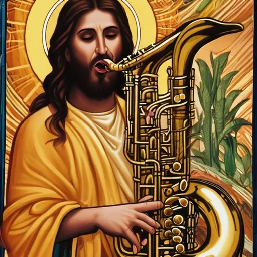 Prompt: actual photo of snake jesus playing saxophone, surprise me