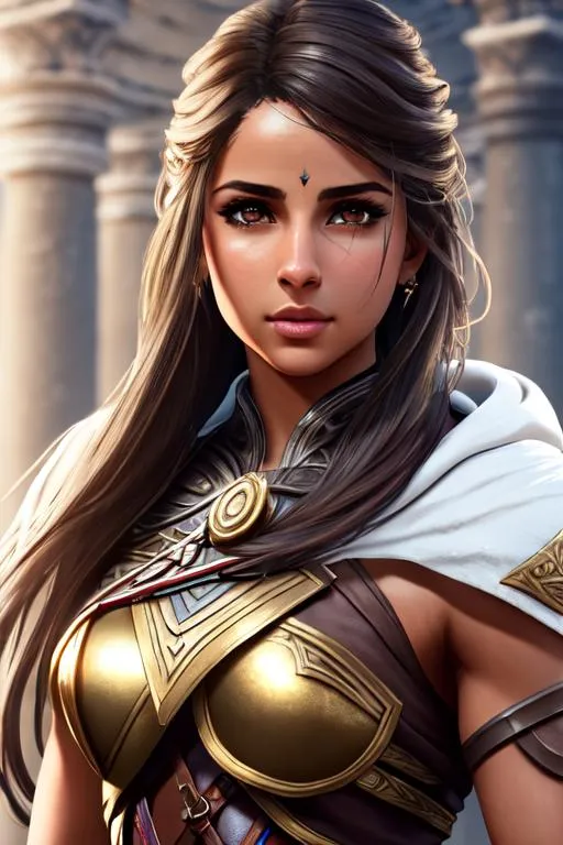 Prompt:  an attractive Naomi Scott from Assassin's Creed Odyssey toned warrior dressed wearing white dragoon artifact gear, determined, fierce, hero, dirty, cloak, dramatic, Brown hair and Ultra realistic eyes, realistic tan complexion , beautiful body, muscular body, fantasy character portrait, ultra realistic, concept art, intricate details, studio lighting, symmetrical, ideal human, ultra details, super detailed, 64k, detailed body, full body, looking into the camera smooth, sharp, focus; illustration, golden ratio. By Ilya Kuvshinov 