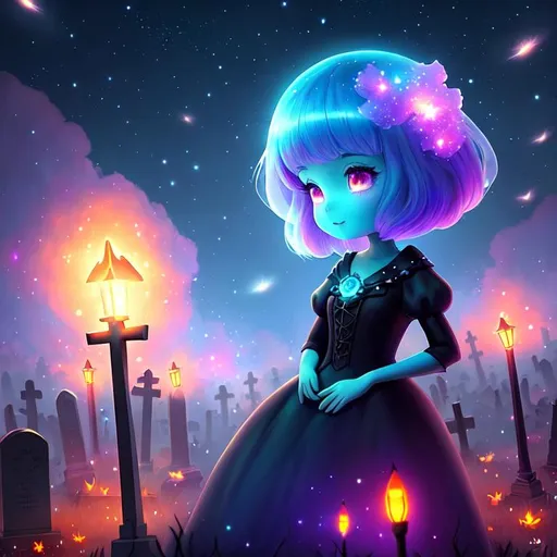 Prompt: Cute Pixar style painting, an adorable spirit woman, graveyard, midnight, translucent skin,  floating, nebula, galaxy, stars, fireflies, glowing eyes, glowing, Graves, cemetery, soft light, 4k, beautiful , gravestones, crypt, dead trees, hill