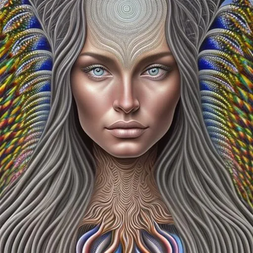 Prompt:  The geometric background is backlit in the style of Alex Grey, the foreground is in the style of Botticelli. A beautiful indigenous  woman, with gray hair, four gray-colored eyes, one set of eyes over the top of the other set of eyes