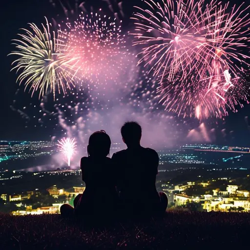 Prompt: Two shadows of two people sitting on a large hill at night looking at fireworks. With stars shing brightly in the sky and the moon with some clouds. With the view of a festival down below them and there kissing