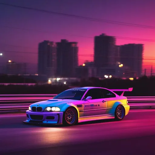 Prompt: 2001 BMW M3 E46 GTR, synthwave, aesthetic cyberpunk, miami, highway, dusk, neon lights, coastal highway, dusk, neon lights, coastal highway, sunset, drift, nurburgring