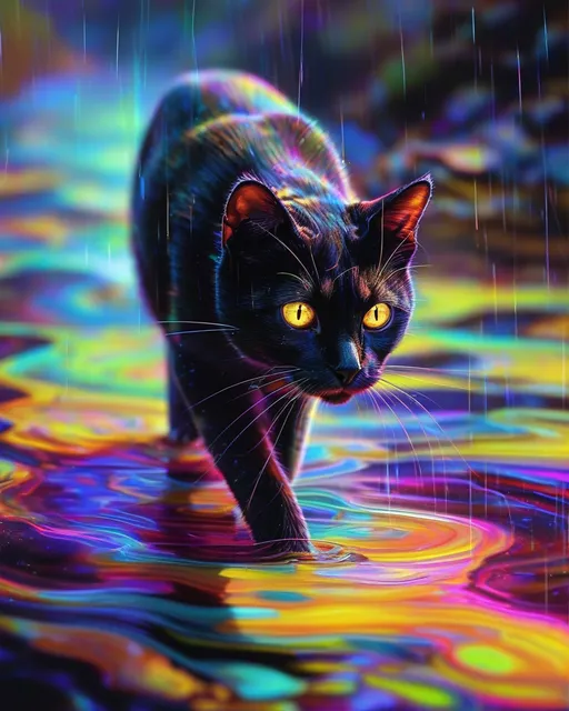 Prompt: Psychedelic black cat with glowing eyes, walking through a vibrant puddle of shimmering water, face and tail adorned with bright swirling colors, rich reflections creating a surreal atmosphere, electrifying neon hues, dynamic composition, intense vibes, inspired by cyberpunk aesthetics, intricate details, mesmerizing patterns, ultra-detailed, high definition, creating a captivating visual experience.