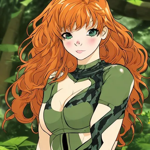 Prompt: A ginger wild girl is transforming into a snake. Anime