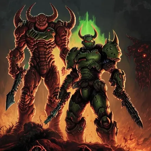 Prompt: Doom slayer from doom eternal killing the devil