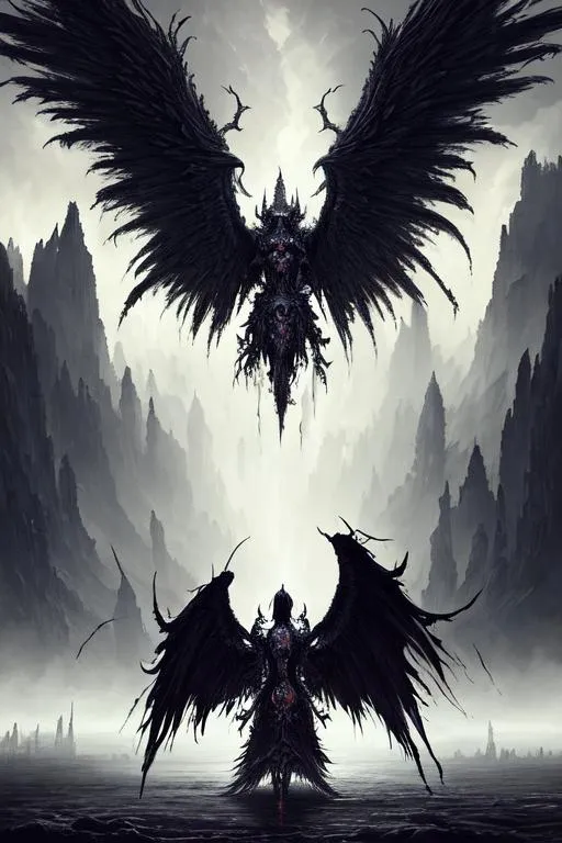 Prompt: Dark art, giant monster, artstation, hyperdetailed intricately detailed , unreal engine, other wordly, intricate detail, splash screen, dark colors, fantasy concept art, 8k, deviantart masterpiece, oil painting, heavy strokes, wings, doom eternal, tourmented souls, standing, looking at horizon, suffering, humanoid