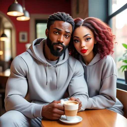 Prompt: create an image of a handsome black man with a beard, relax dress in sweat suits different color clothing, athletic built, with him beautiful African girlfriend. She had a beautiful face with full red lips, almond shape eyes, nicely dress, having coffee with him
