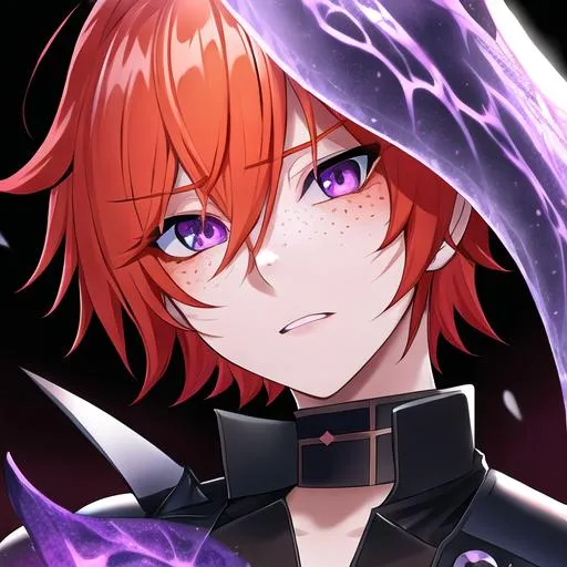 Prompt: Erikku male (short ginger hair, freckles, right eye blue left eye purple) UHD, 8K, Highly detailed, insane detail, best quality, high quality, Upset