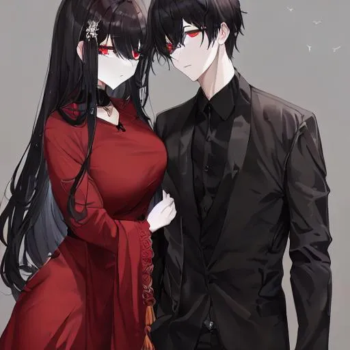 Anime, couple, black dress, handsome, gorgeous