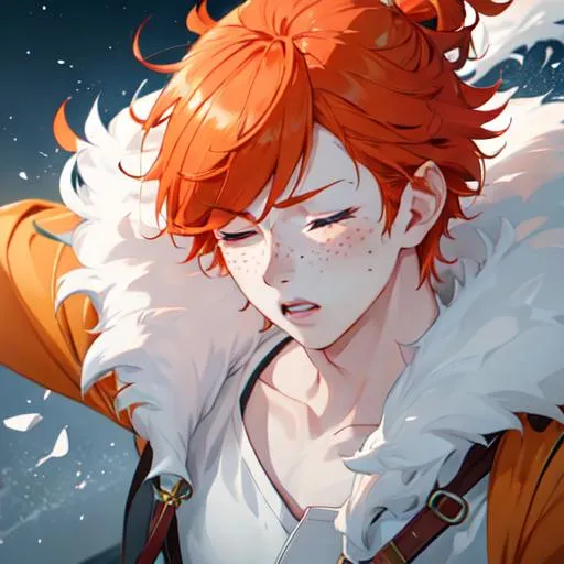 Prompt: Erikku male adult (short ginger hair, freckles, eyes closed) UHD, 8K, Highly detailed, insane detail, best quality, high quality,  anime style, upset, crying