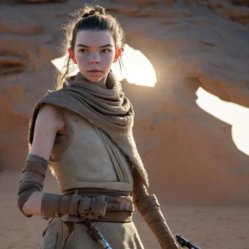 Prompt: anya taylor-joy, detailed face, skinny, anorexic, tall, military, cyborg arm, desert armor, rey starwars, bandaged arms, tan poncho, desert, mountain, scifi, futuristic