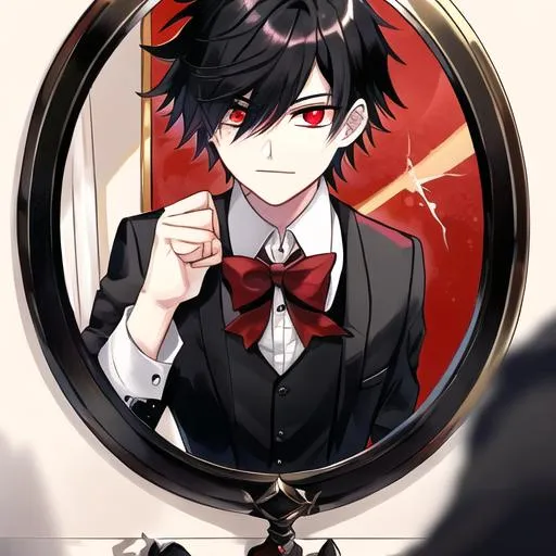 Prompt: Damien (male, short black hair, red eyes) fist in the mirror leaving it shattered