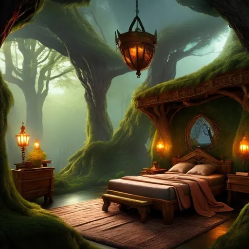 Prompt: fantasy, bedroom interior, UHD, HD, 8K, forest themed bedroom