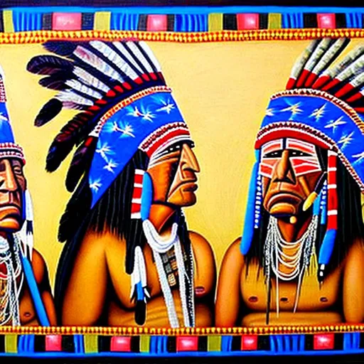 Prompt: Native American hide painting of American Indian chiefs in war bonnets using cell phones and computers, highly detailed, highly decorated, masterpiece