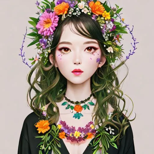 Prompt: flowers sprouting everywhere from all over the body including the eye sockets and the clothes are made out of flowers too hair made out of thin vines with blooming flowers skin covered with flower petals mouth with flowers nostrils with flowers eyelashes flowers flower tattoos flower necklace