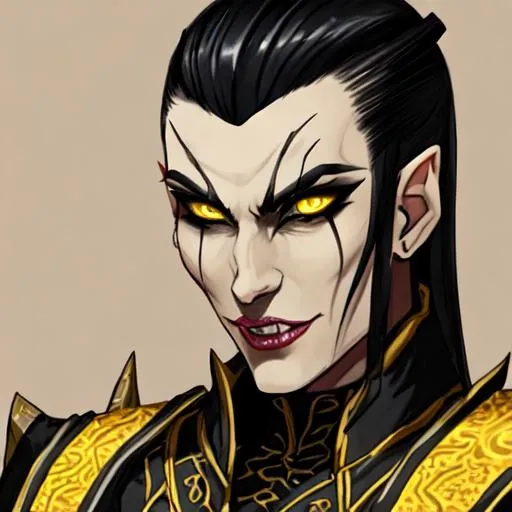 Prompt: yuan ti warlock snake black slick back hair yellow eyes fangs
