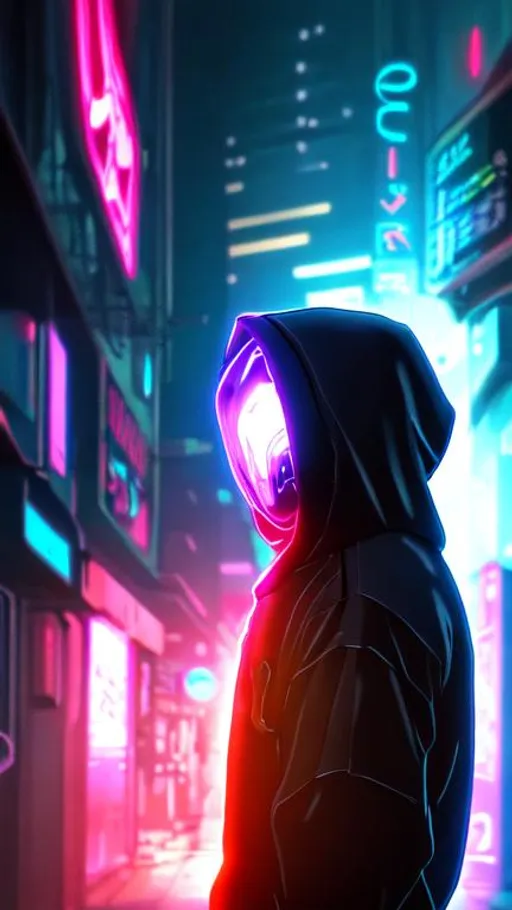 Prompt: Quality, 8k, anime, cyberpunk, neon back lighting, hooded male figure, glowing mask