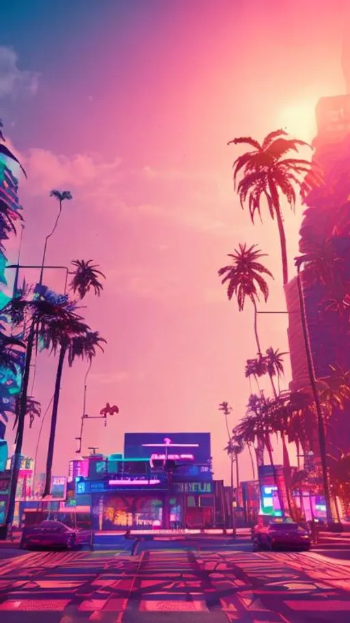 Prompt: vaporwave city, neon lighting, beautiful sunset, palm trees, Retro, high quality, 4k, visible sun