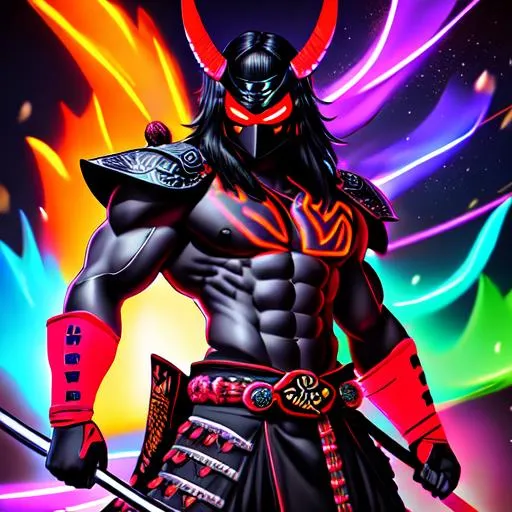 Prompt: samurai wearing a black oni mask with neon trim, muscular, highly detailed. Using abstract neon colors and a old western town background, by Makato Shinkai, full body