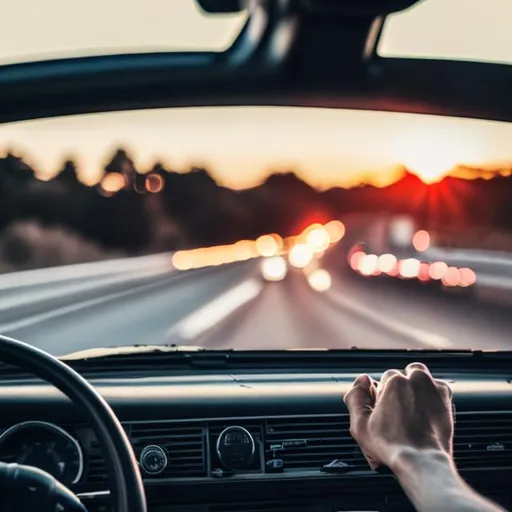 Prompt: Radio in a car on a freeway looking out from windshield
