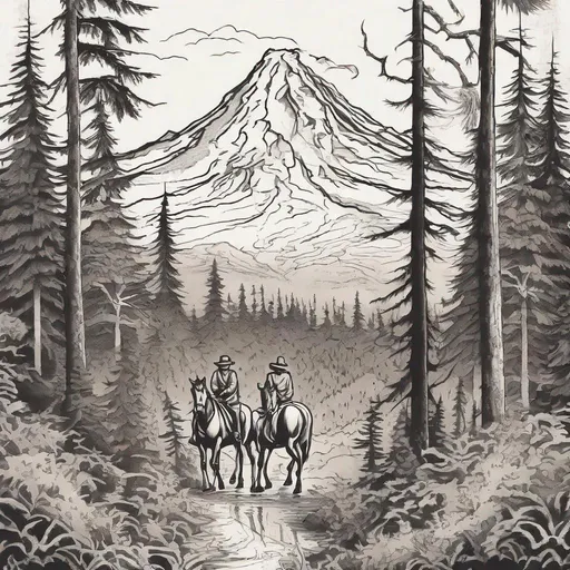 Prompt: forearm sleeve tattoo, two cowboys on horseback riding through a pacific northwest tall forest towards mount hood in the distance