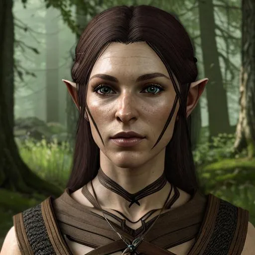 Prompt: Woman, wood elf, 8k, Skyrim, woodland, beautiful, photorealistic 