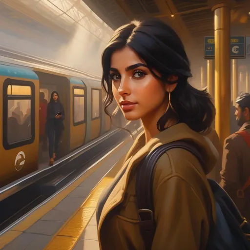 Prompt: Third person, gameplay, Turkish girl, olive skin, black hair, brown eyes, 2020s, smartphone, Istanbul subway station, foggy, golden atmosphere, cartoony style, extremely detailed painting by Greg Rutkowski and by Henry Justice Ford and by Steve Henderson 