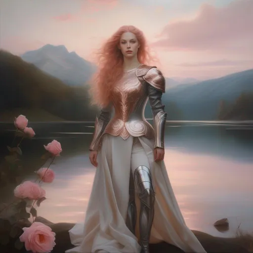 Prompt: Third-person, full body of character in view, Baroque oil on canvas painting of an ethereal, unnaturally pale-skinned Fantasy Supermodel with rose gold pinkish hair, long wavy hair, silver armor, by a Lake.