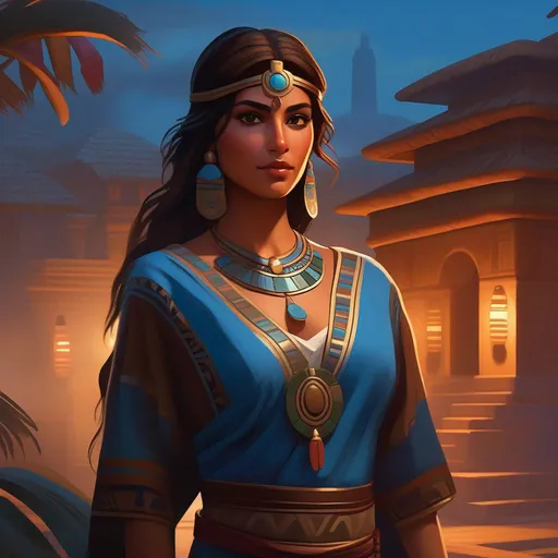 Prompt: Third person, gameplay, Aztec girl, olive skin, brown hair, brown eyes, 2020s, Tenochtitlan at night, foggy, blue atmosphere, cartoony style, extremely detailed painting by Greg Rutkowski and by Henry Justice Ford and by Steve Henderson 